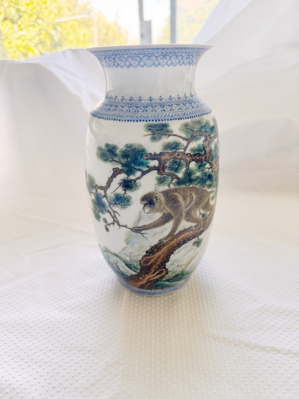Chinese Hand Painted Porcelain Vase Lamp Base 9" Monkey & Pine Tree Calligraphy⁠